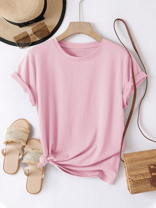 Pink Solid Round Neck Tshirt