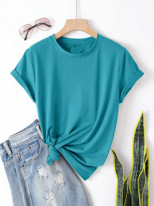 Turquoise Solid Round Neck Tshirt