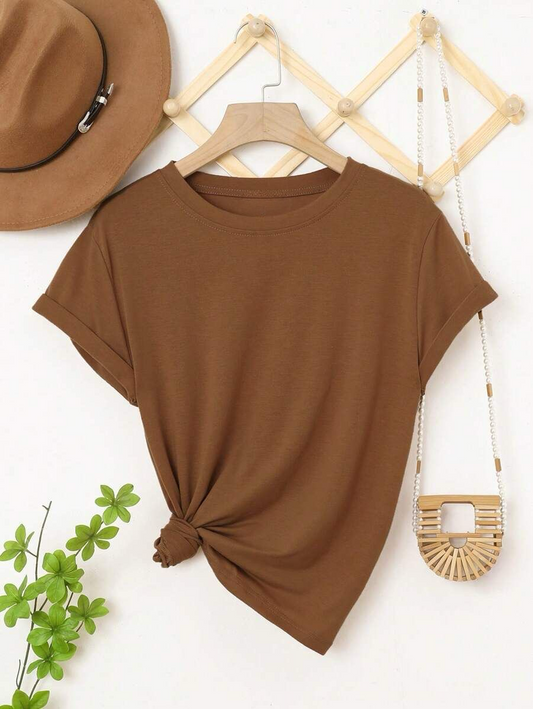 Brown Solid Round Neck Tshirt