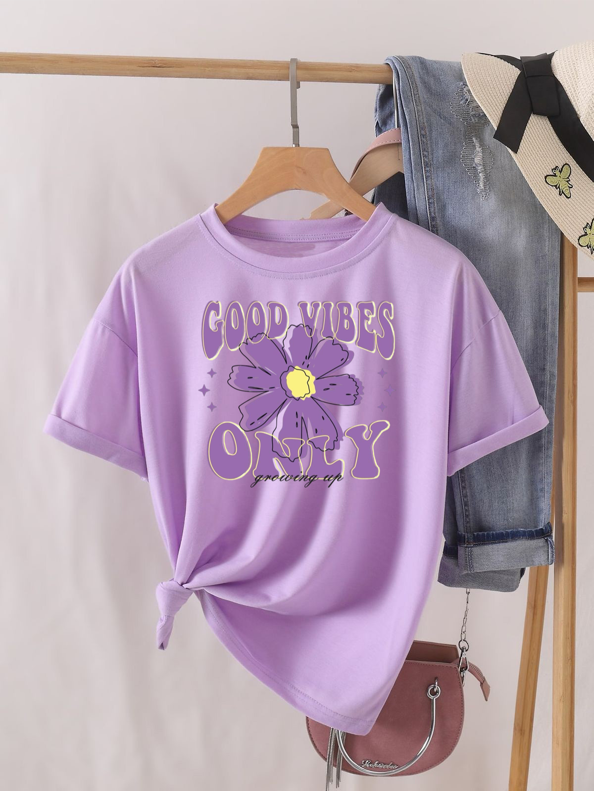 Lilac Good Vibes Only Round Neck Tshirt