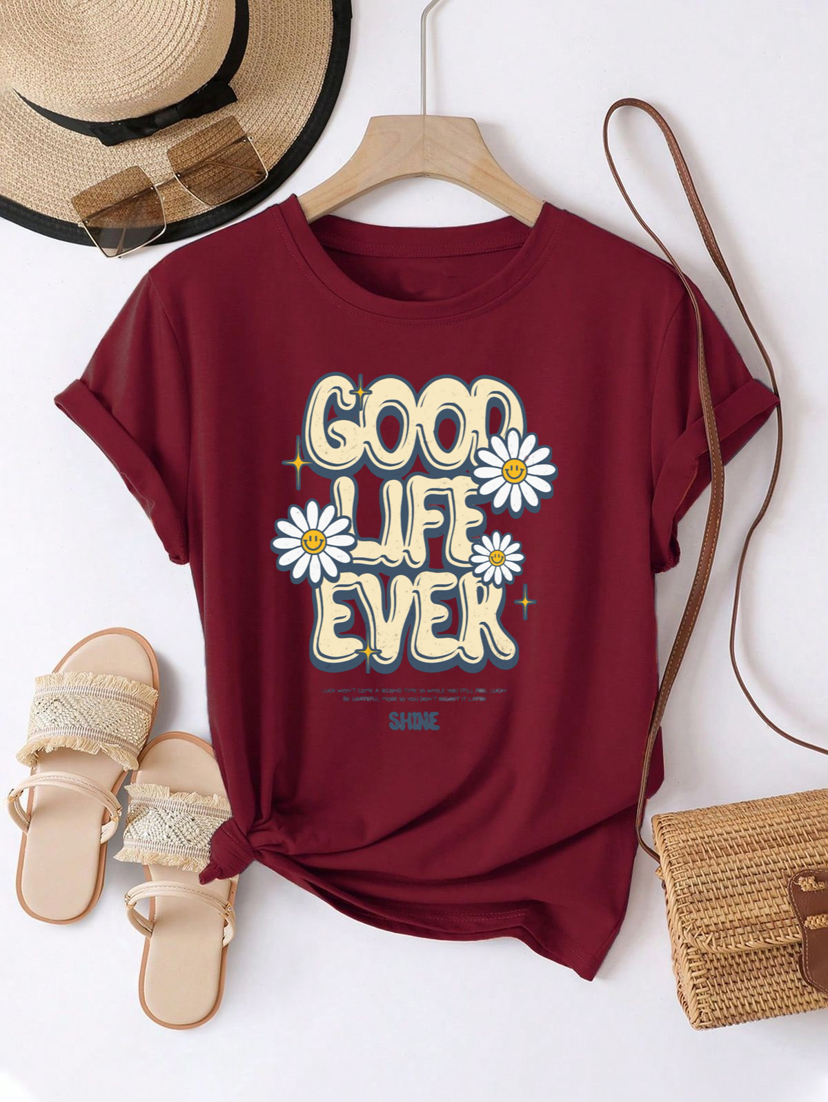 Maroon Good Life Ever Round Neck Tshirt
