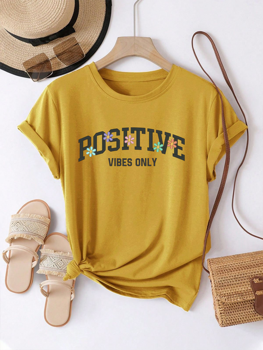 Mustard Positive Vibes Only Round Neck Tshirt