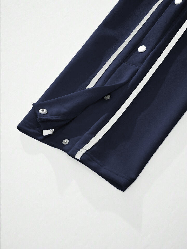 Manfinity Men Contrast Tape Button Side Drawstring Waist Trouser Navy Blue