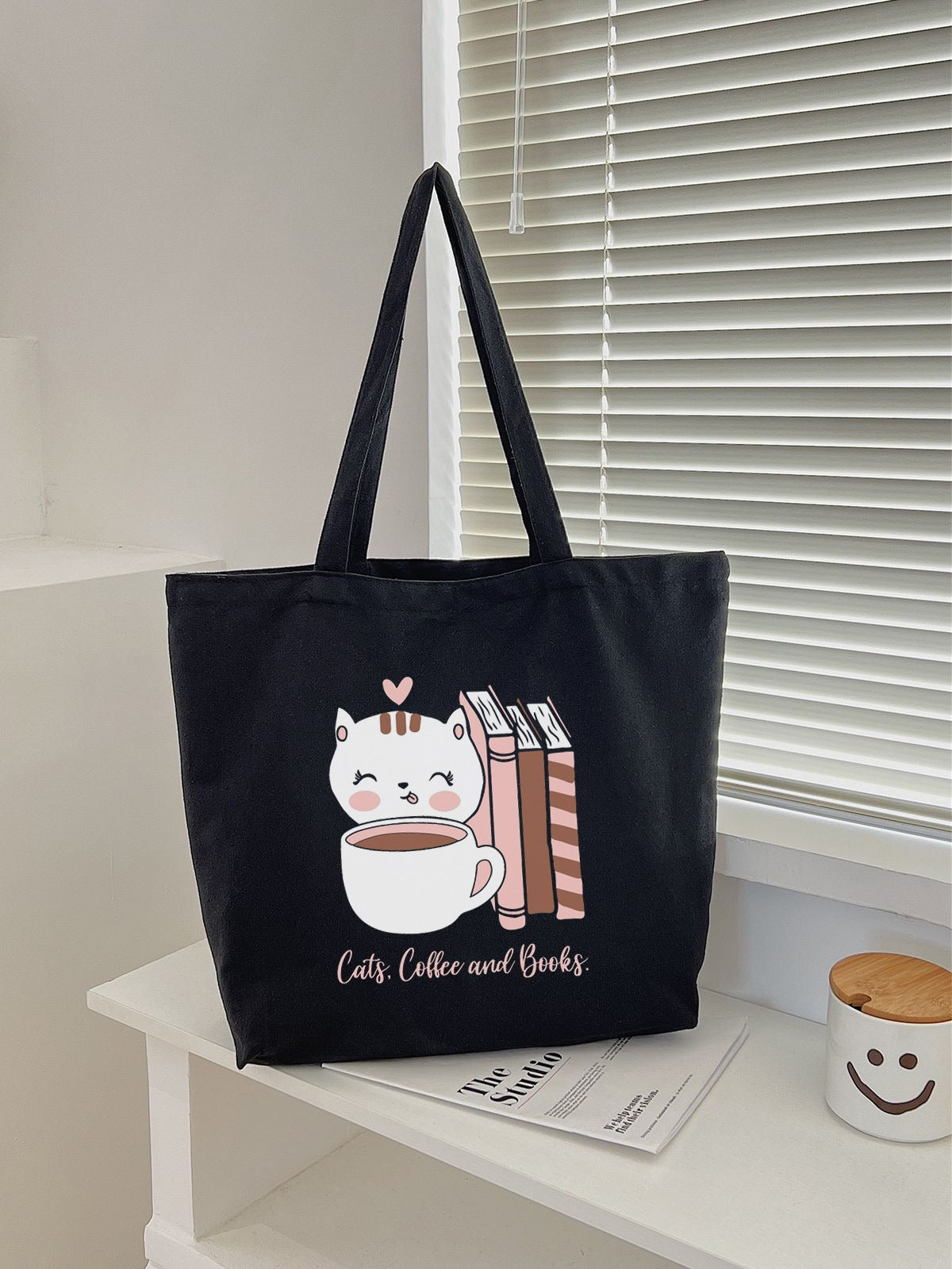 CATS COFFEE BOOKS TOTE BAG BLACK