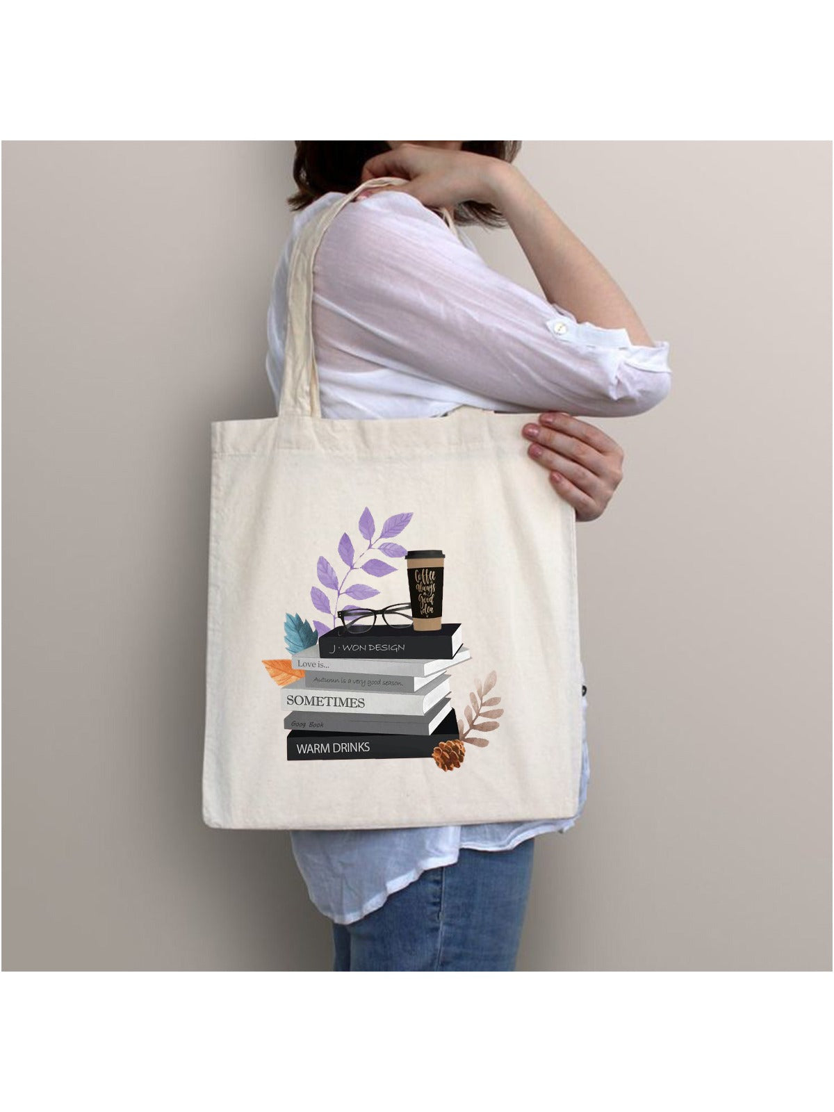 BOOKS COFFEE FLOWER TOTE BAG BEIGE