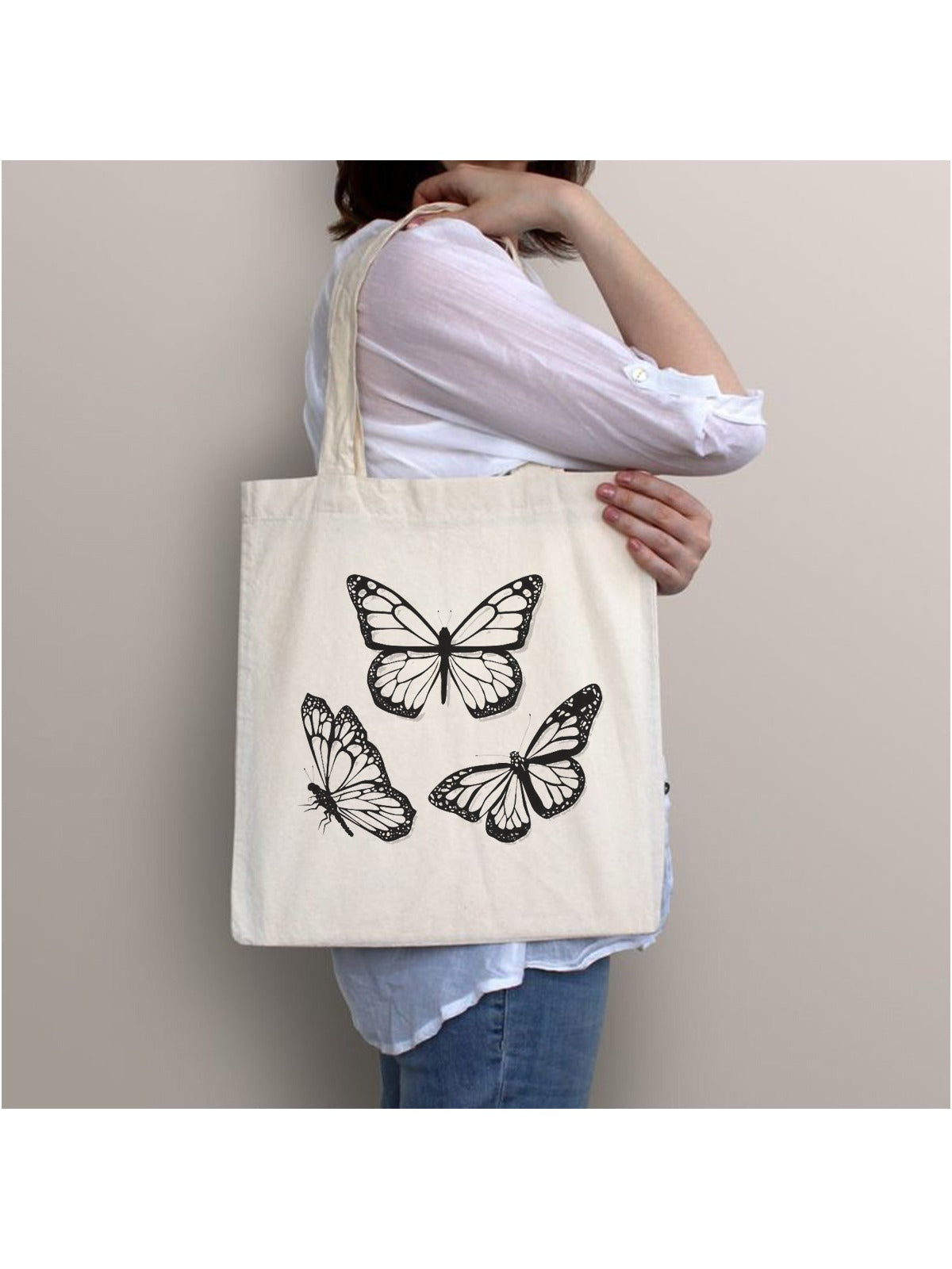 3 BUTTERFLIES TOTE BAG BEIGE
