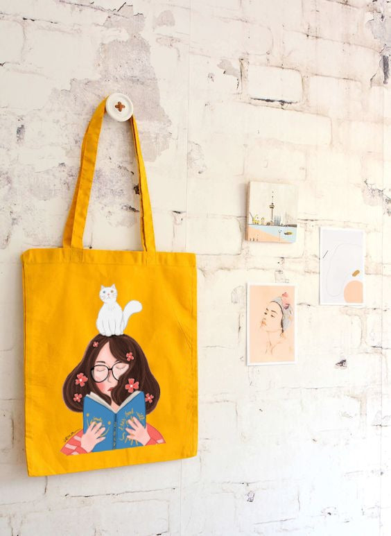 CAT GIRL BOOK TOTE BAG MUSTARD