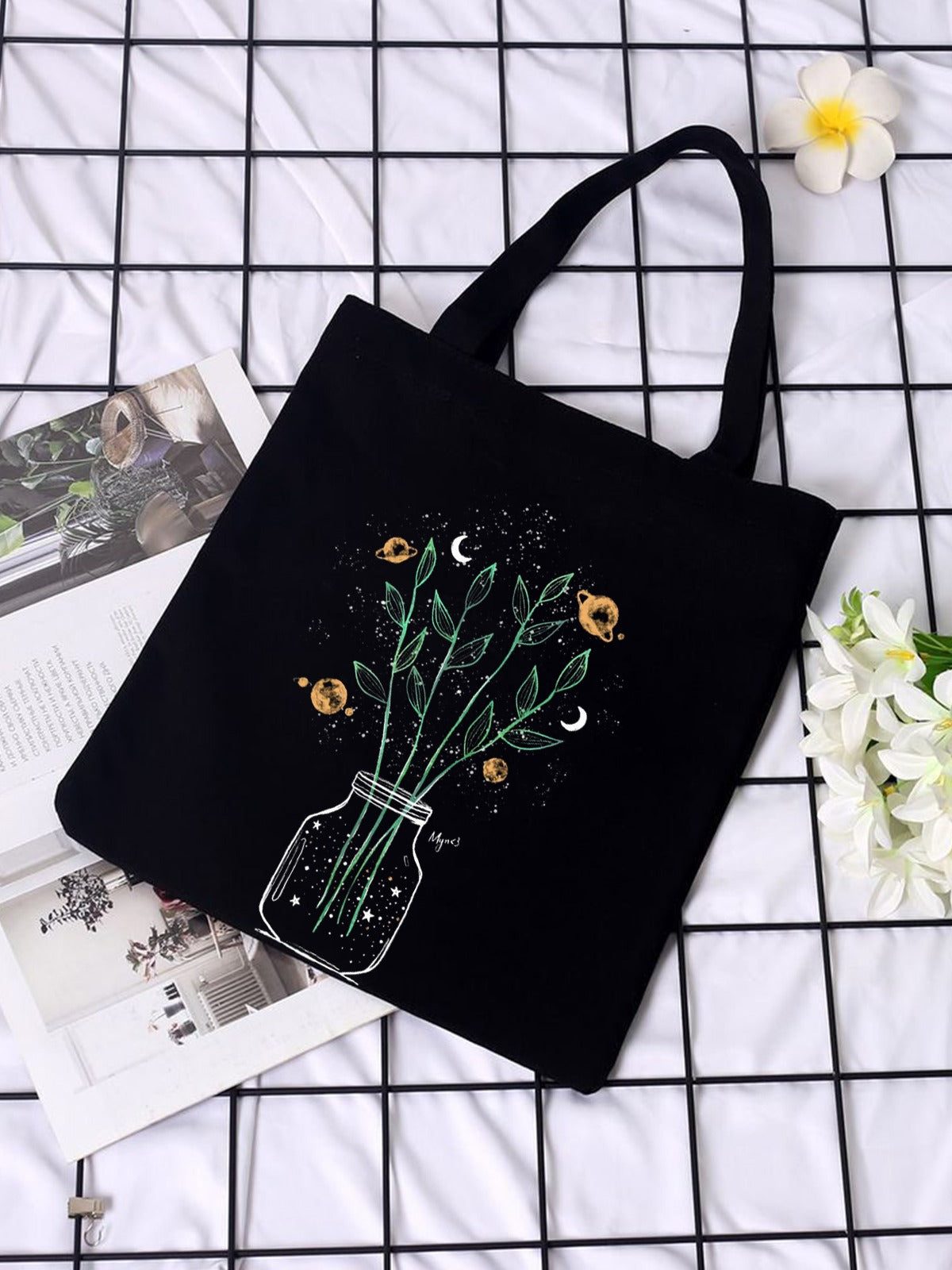 FLOWER VASE TOTE BAG BLACK