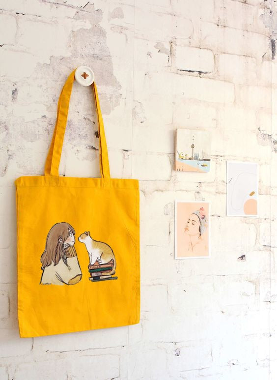 GIRL CAT TOTE BAG MUSTARD