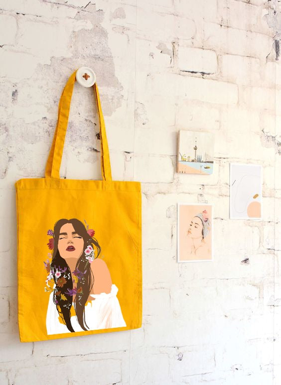 GIRL FLOWER TOTE BAG MUSTARD