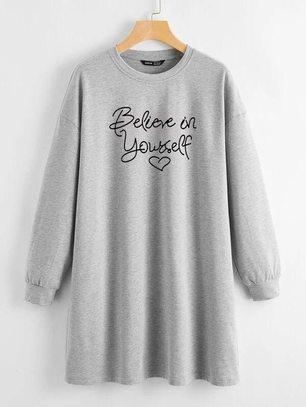 LONG LENGTH SWEATSHIRT GREY BELIEVE IN YOURSELF
