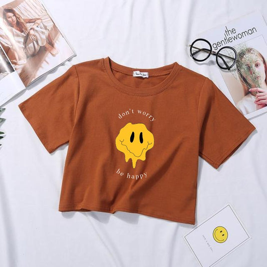 DONT WORRY BE HAPPY BROWN CROPTOP