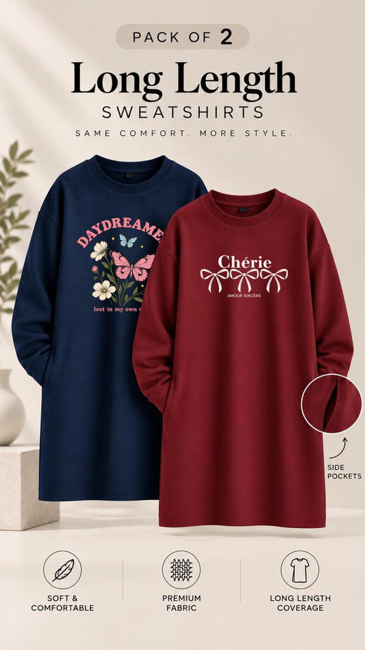 Pack of Two Long Length Sweatshirts Maroon Cherie  - Navy Day Dreamer