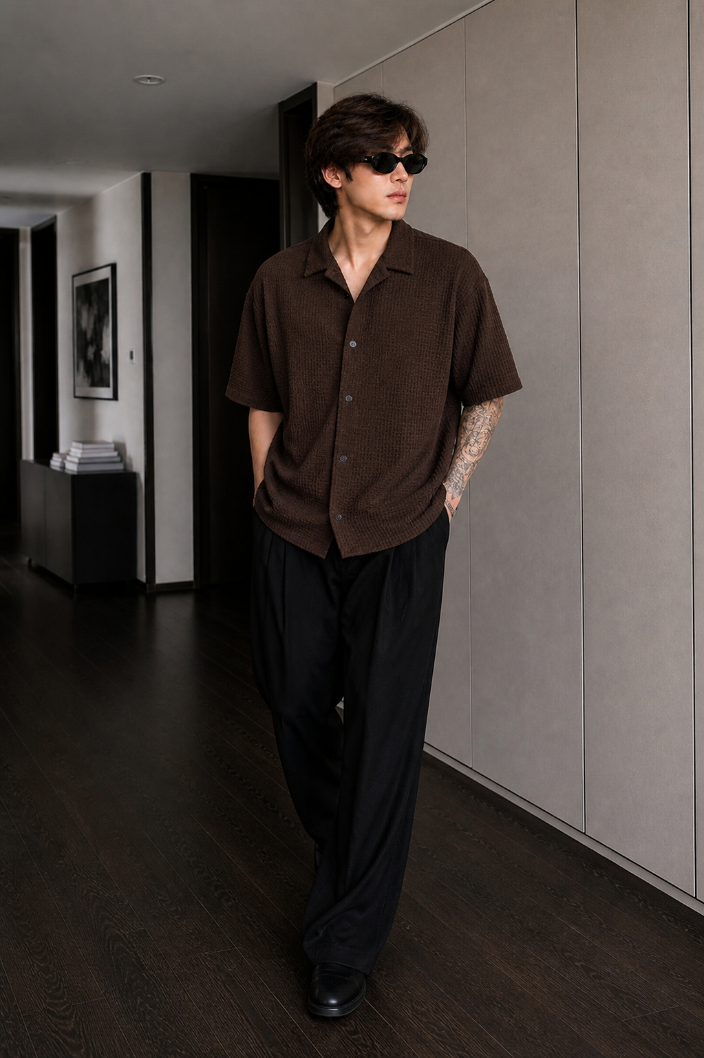 Brown Waffle Knit Button Down Shirt