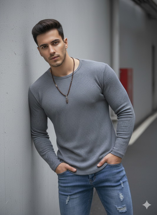 Fullsleeves Waffle Knitted Tshirt Grey