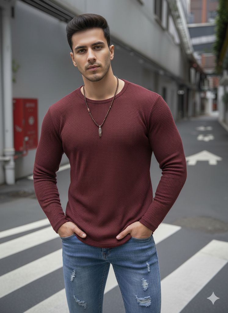 Fullsleeves Waffle Knitted Tshirt Maroon