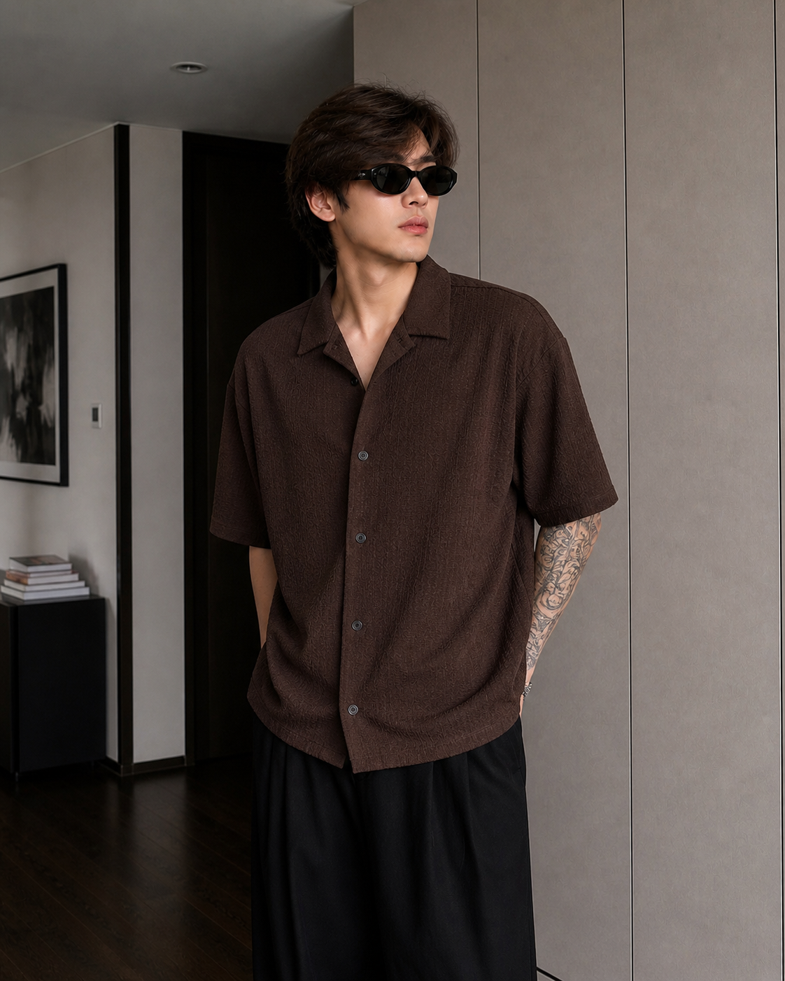 Brown Waffle Knit Button Down Shirt