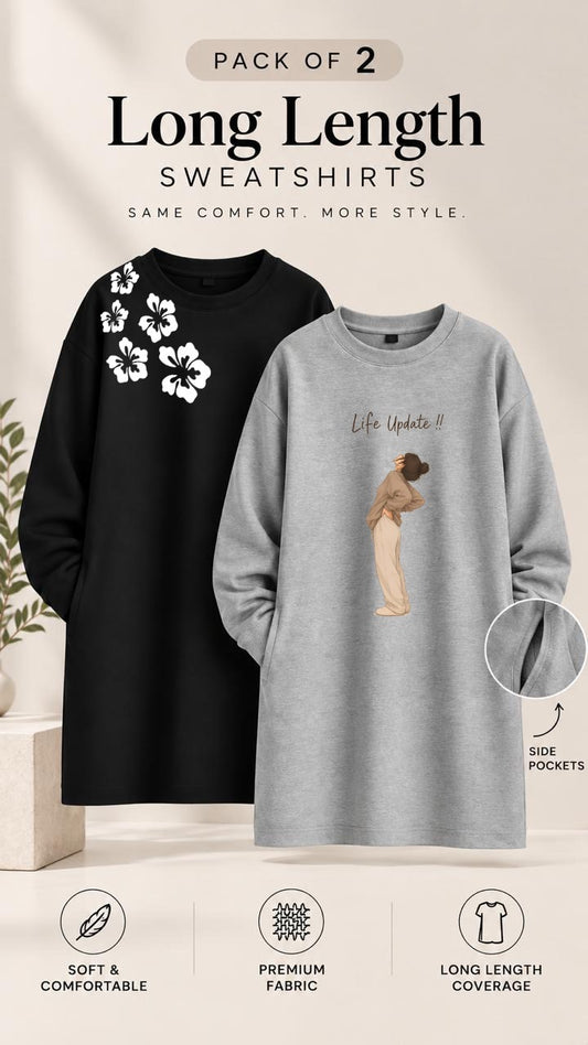 Pack of Two Long Length Sweatshirts Black Floral - Grey Life Update