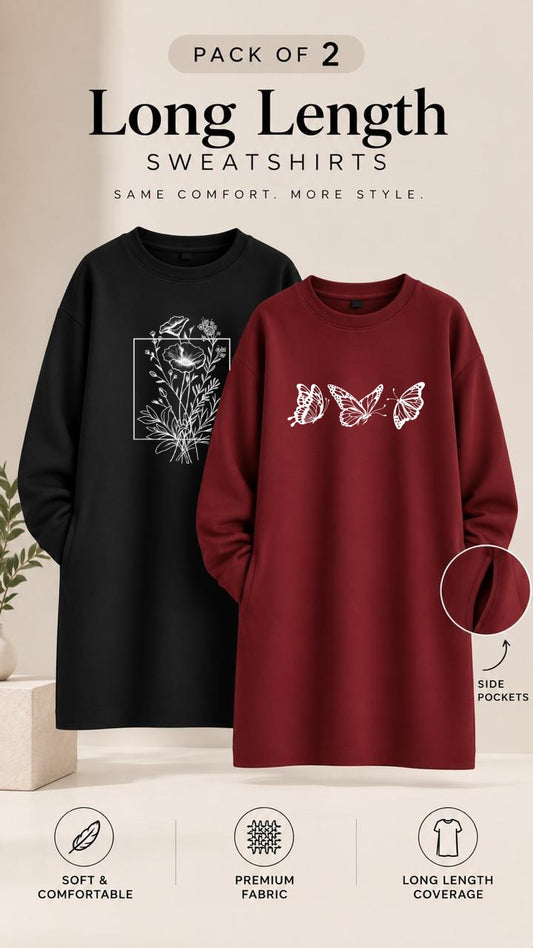 Pack of Two Long Length Sweatshirts Maroon Fly Butterfly - Black Flower Frame