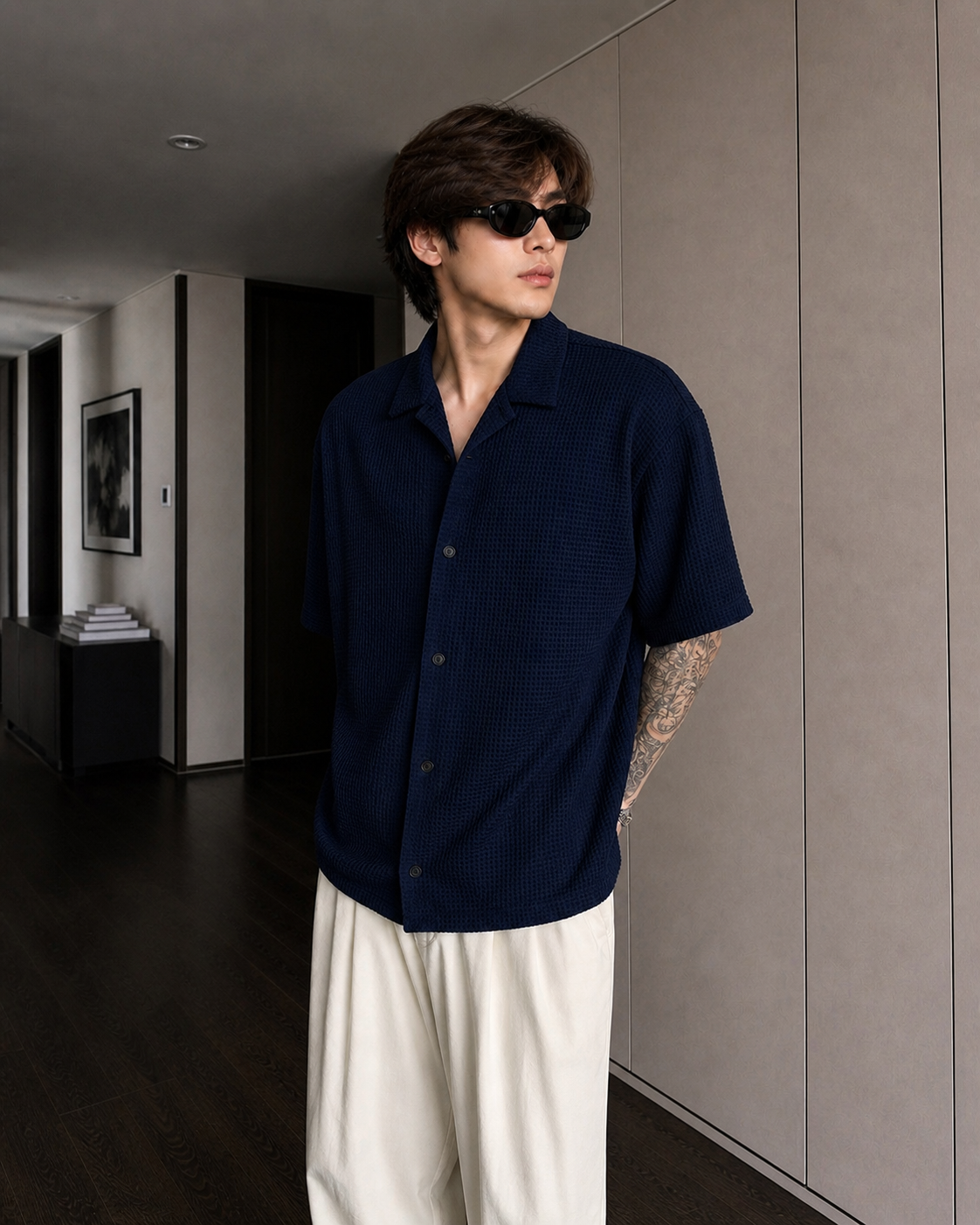 Navy Blue Waffle Knit Button Down Shirt