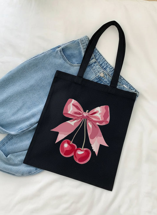 COQUETTE AESTHETIC CHERRY BOW TOTE BAG BLACK