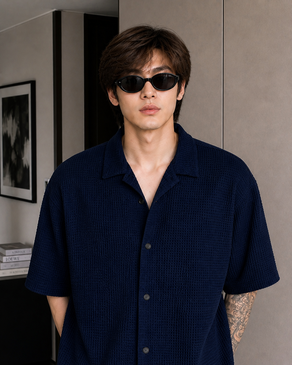 Navy Blue Waffle Knit Button Down Shirt
