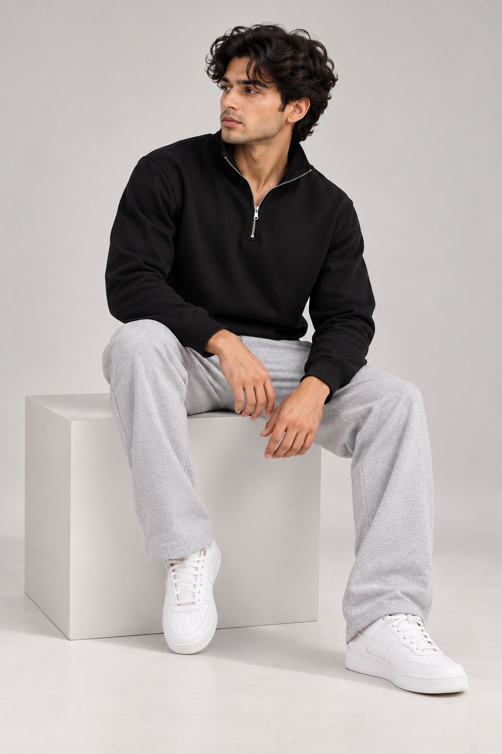 Basic Quarter Zip Sweatpant Co Ord Black - H.Grey