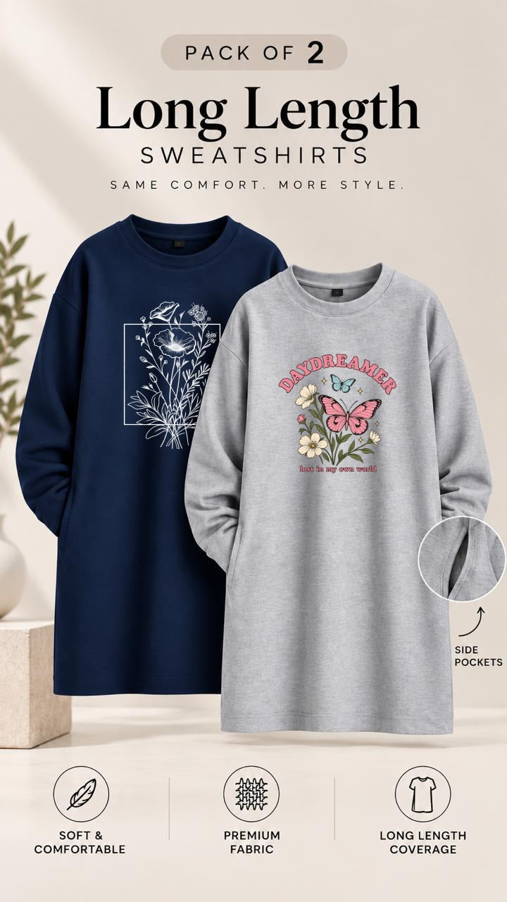 Pack of Two Long Length Sweatshirts Grey Day Dreamer - Navy Flower Frame