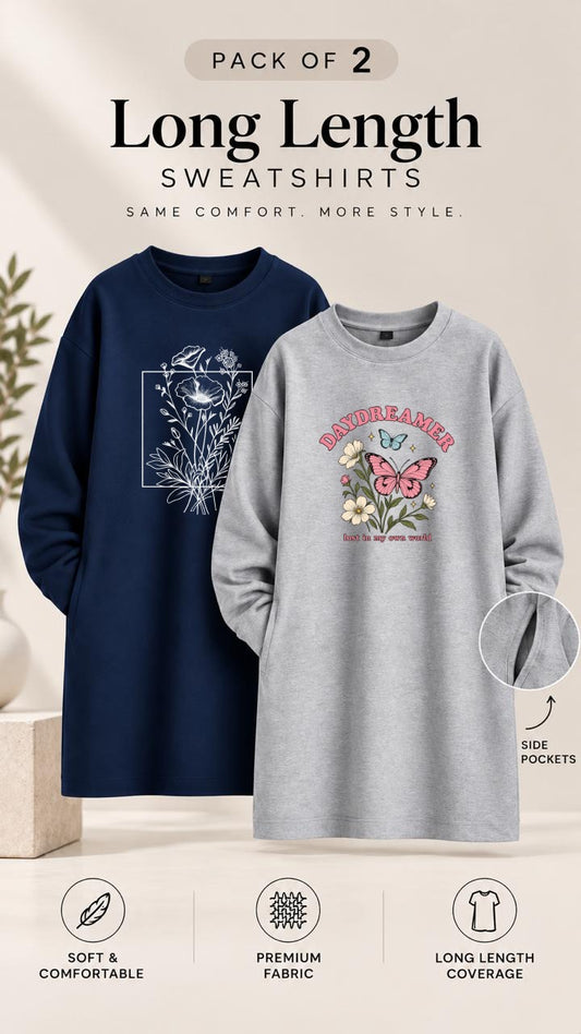 Pack of Two Long Length Sweatshirts Grey Day Dreamer - Navy Flower Frame