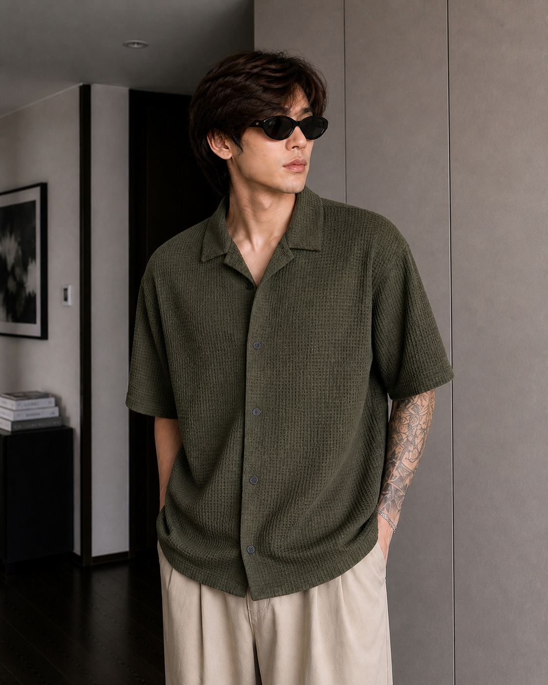 Olive Waffle Knit Button Down Shirt