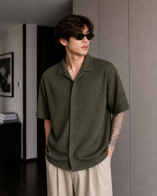 Olive Waffle Knit Button Down Shirt