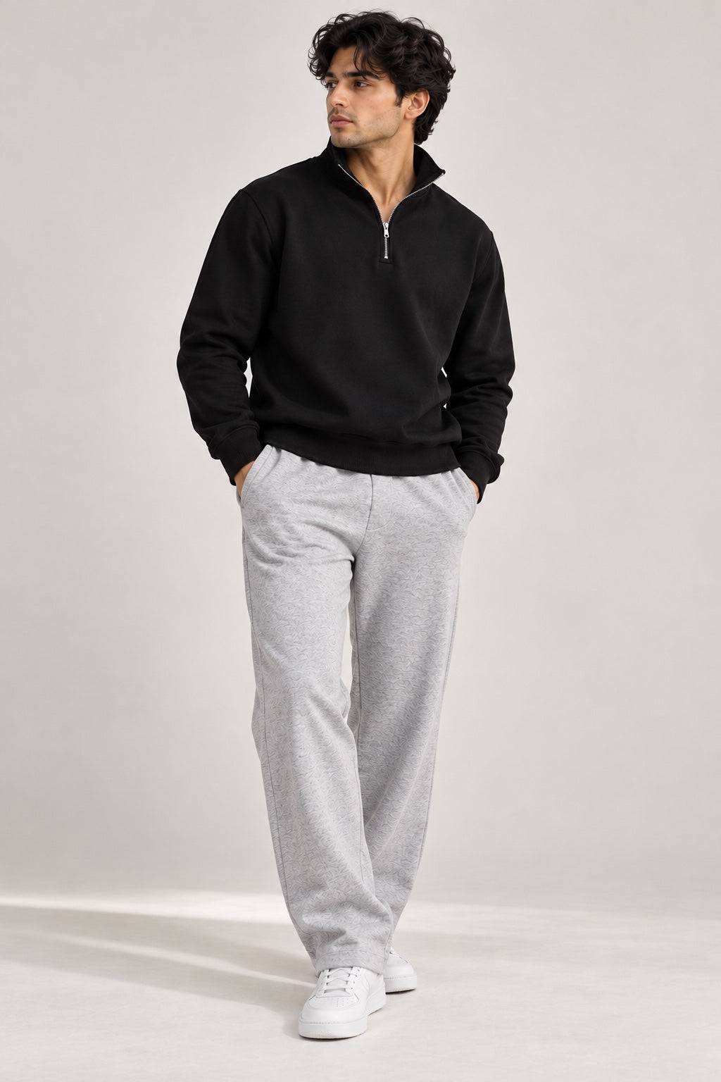 Basic Quarter Zip Sweatpant Co Ord Black - H.Grey