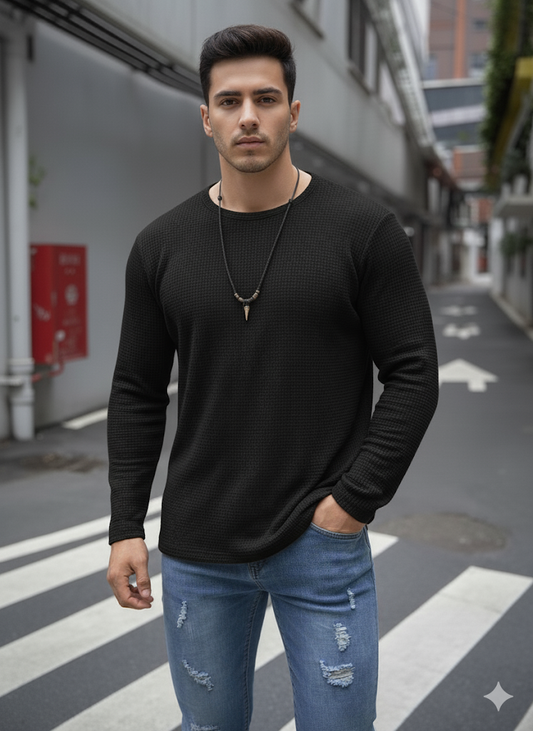 Fullsleeves Waffle Knitted Tshirt Black