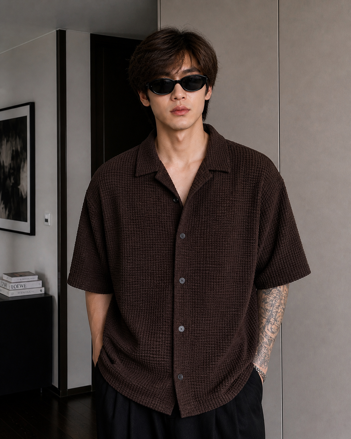 Brown Waffle Knit Button Down Shirt