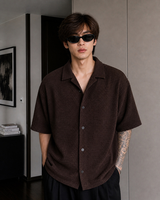 Brown Waffle Knit Button Down Shirt