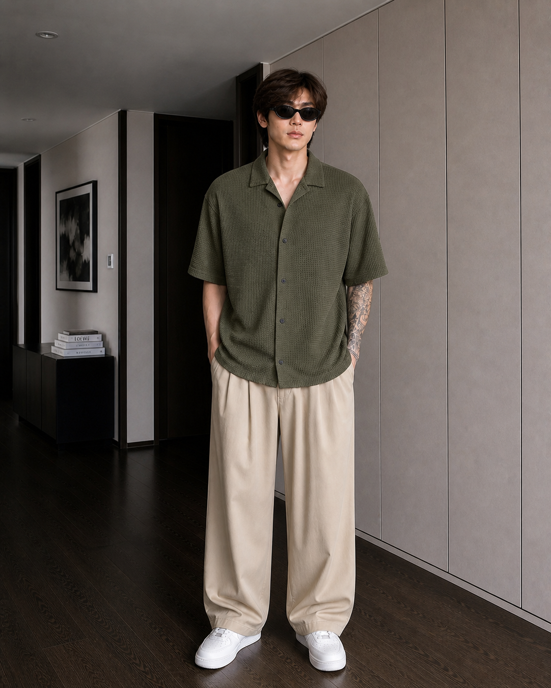 Olive Waffle Knit Button Down Shirt