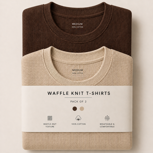 Pack Of Two Waffle Knitted Tshirts Beige - Brown
