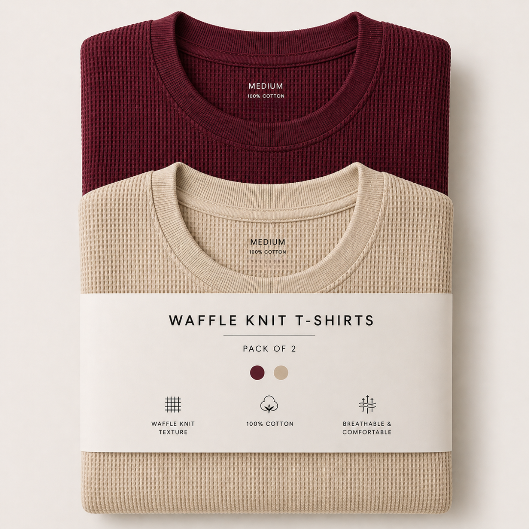 Pack Of Two Waffle Knitted Tshirts Beige - Maroon