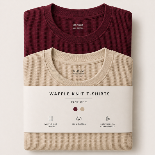 Pack Of Two Waffle Knitted Tshirts Beige - Maroon