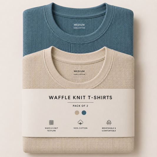 Pack Of Two Waffle Knitted Tshirts Beige - Seige