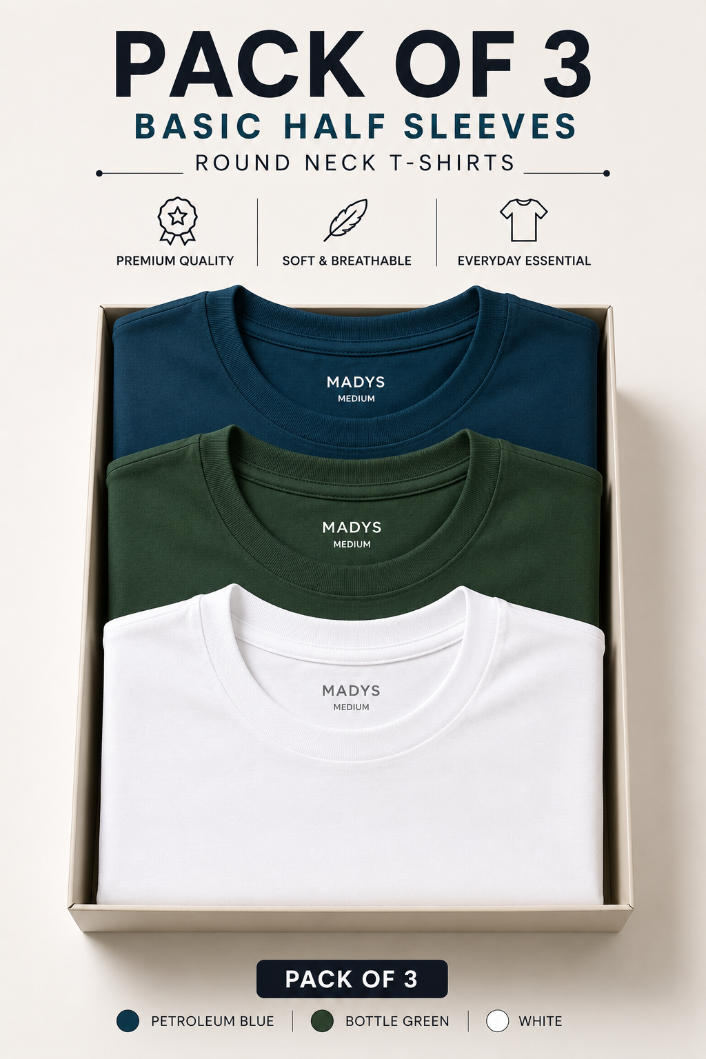 Pack Of Three Basic Halflseeves Tshirts Petroleum - Bottle - White