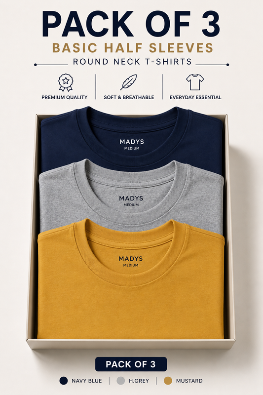 Pack Of Three Basic Halflseeves Tshirts Navy - H.Grey - Mustard