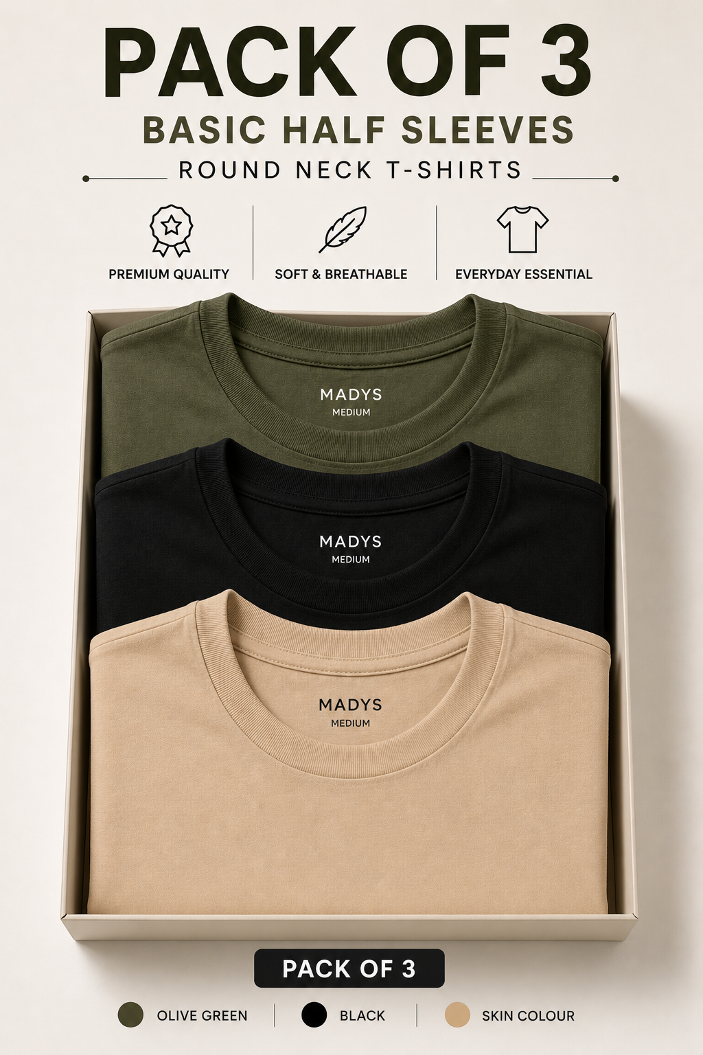 Pack Of Three Basic Halflseeves Tshirts Olive - Black - Skin