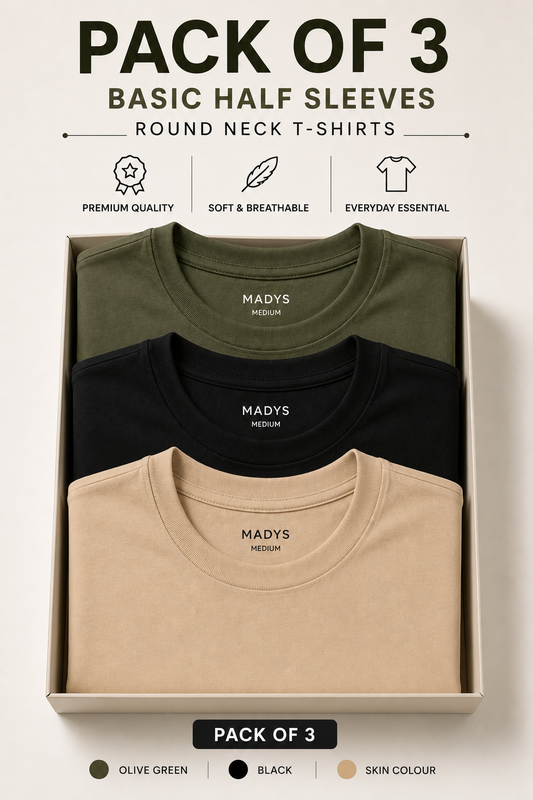 Pack Of Three Basic Halflseeves Tshirts Olive - Black - Skin