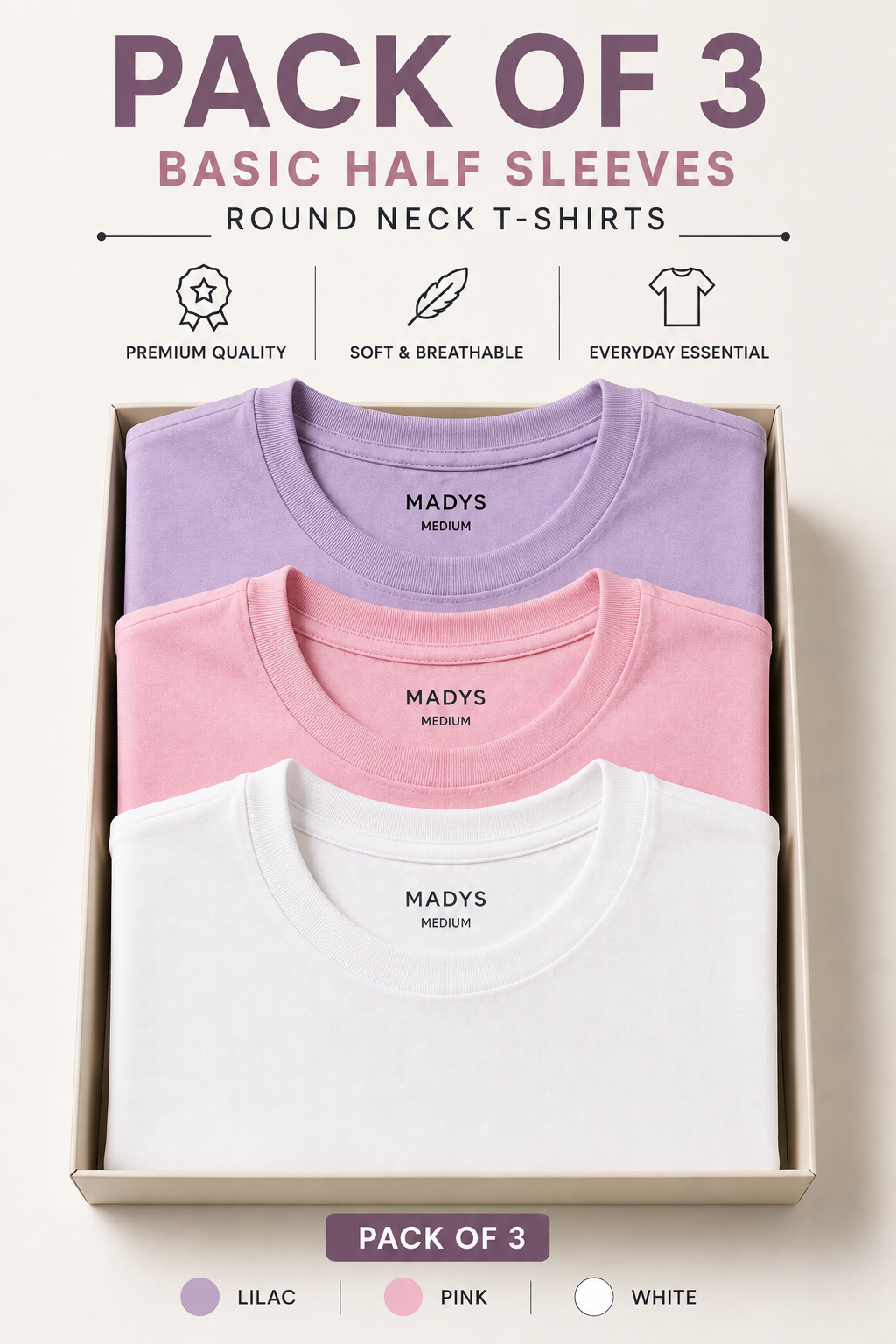 Pack Of Three Basic Halflseeves Tshirts Pink - Lilac - White