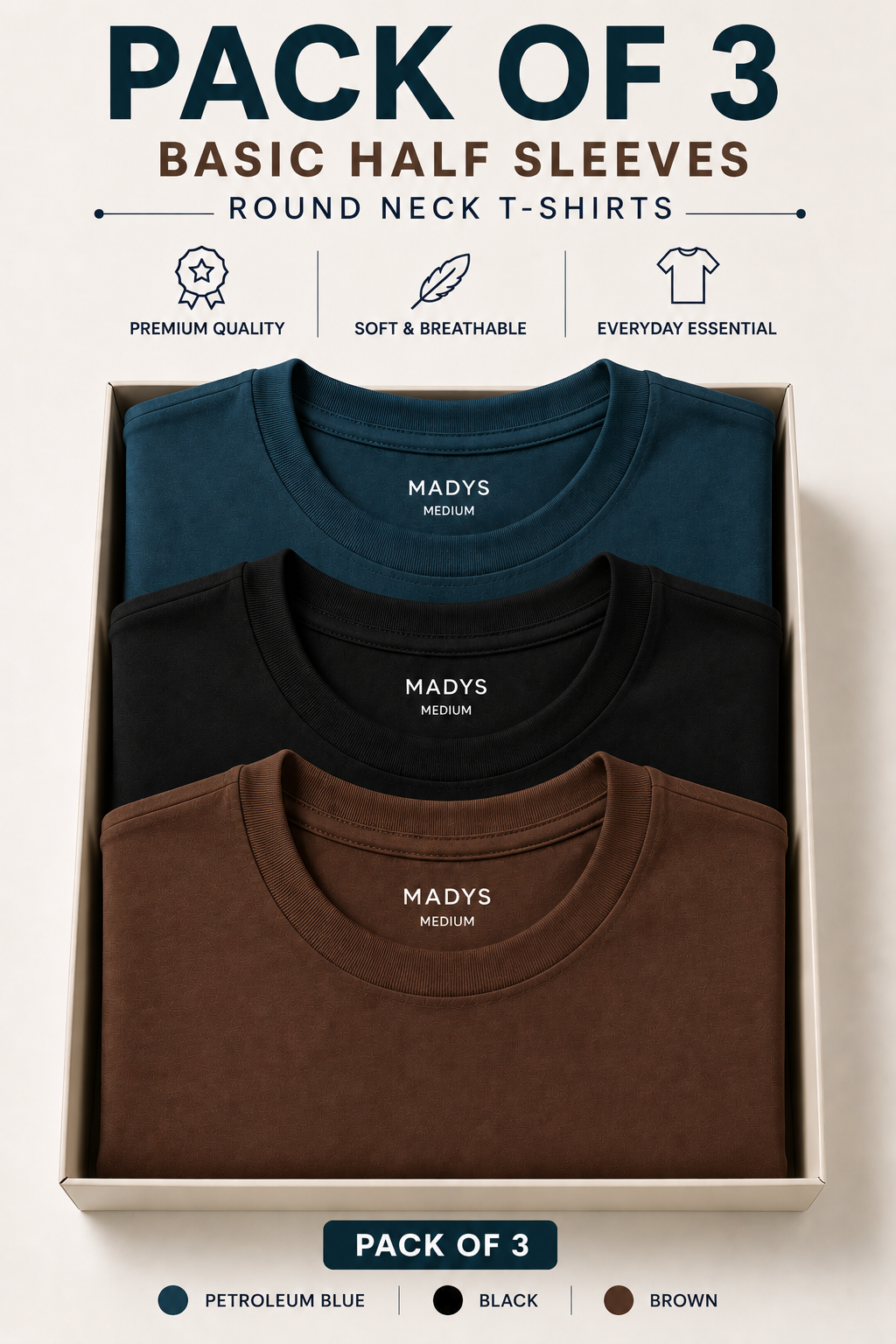 Pack Of Three Basic Halflseeves Tshirts Petroleum - Black - Brown