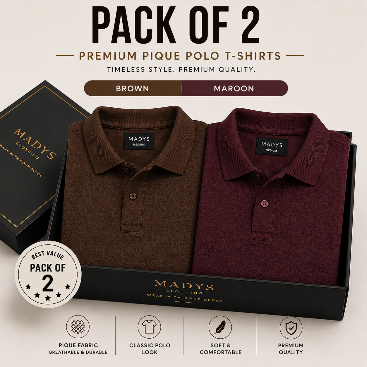 Pack Of Two Pique Polo Tshirts Brown - Maroon