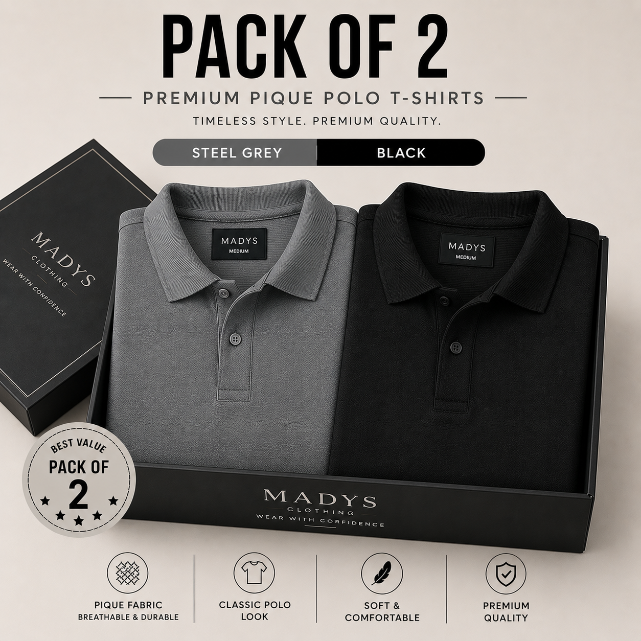 Pack Of Two Pique Polo Tshirts Steel Grey - Black