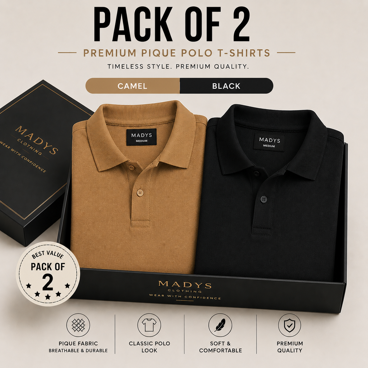 Pack Of Two Pique Polo Tshirts Camel - Black