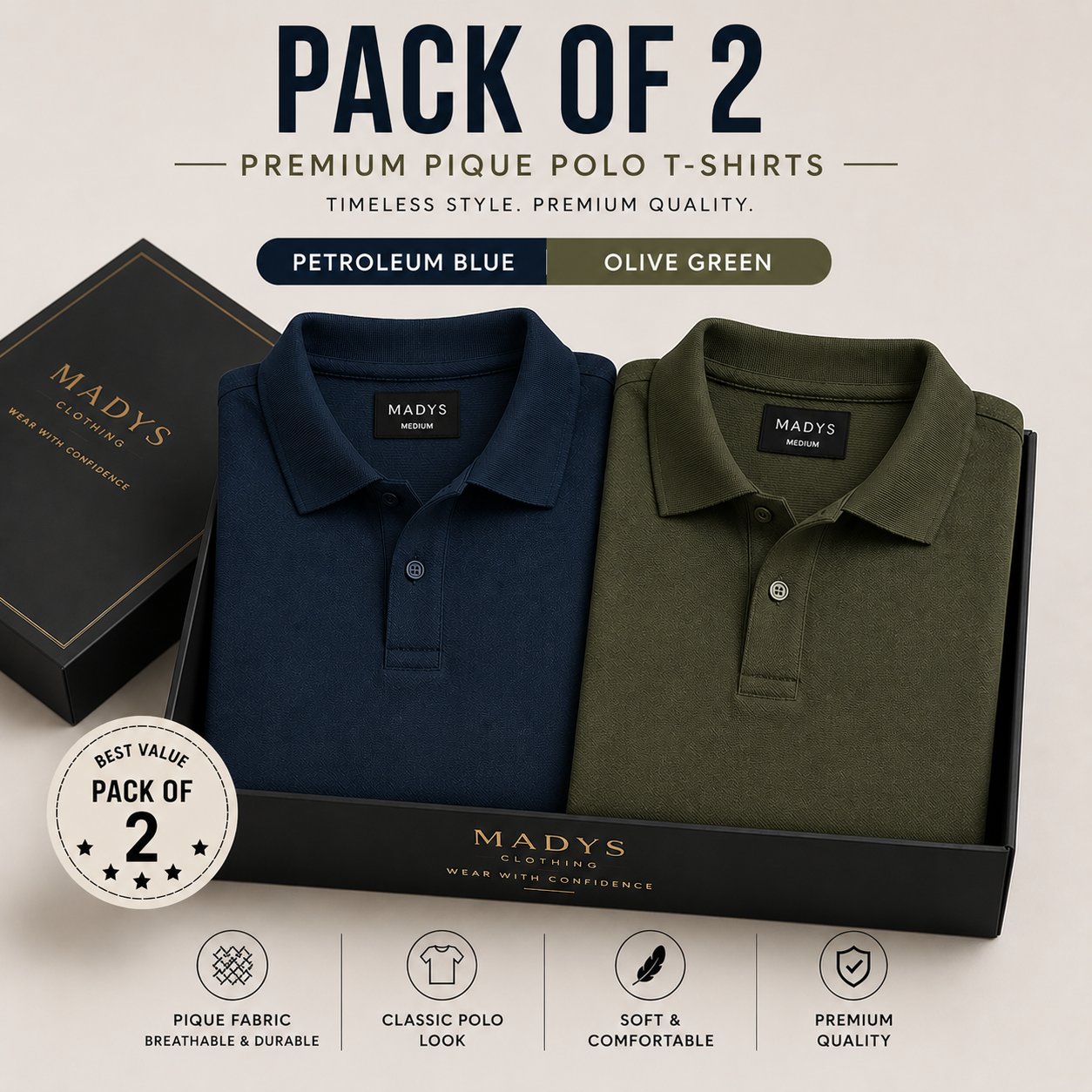 Pack Of Two Pique Polo Tshirts Petroleum - Olive